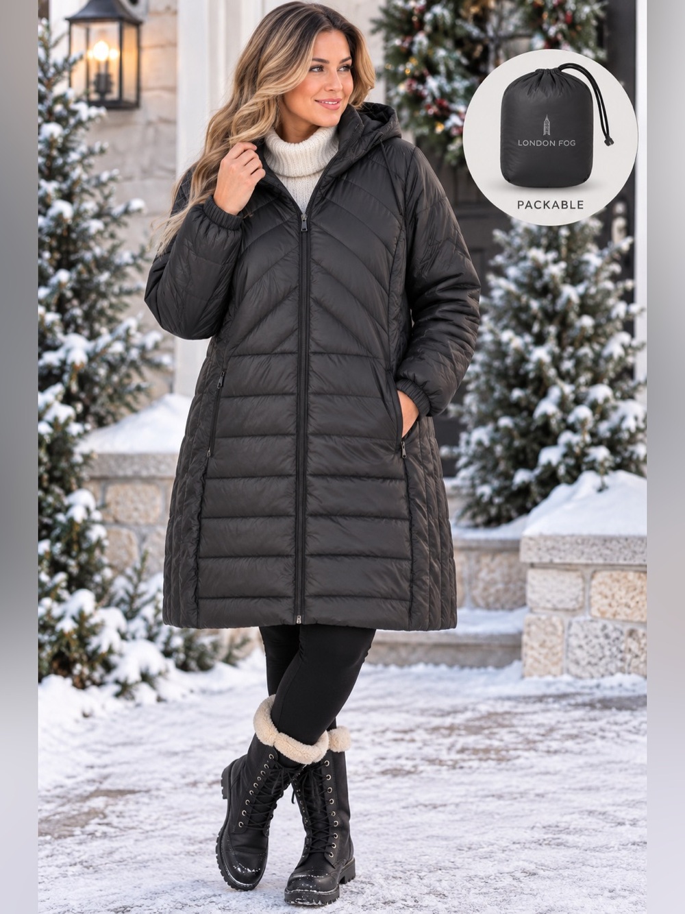 London Fog XXL Lightweight Packable Down Puffer Coat Hooded Black
